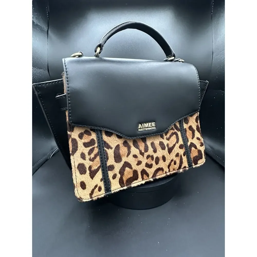 Aimee Kestenberg Black Leather Leopard Haircalf Structured Satchel